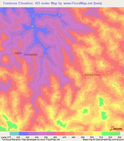Tomboue,Central African Republic Elevation Map