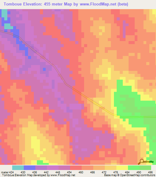 Tomboue,Central African Republic Elevation Map