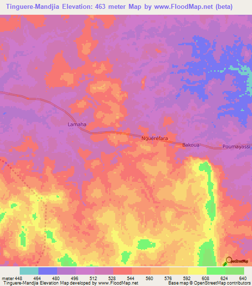 Tinguere-Mandjia,Central African Republic Elevation Map
