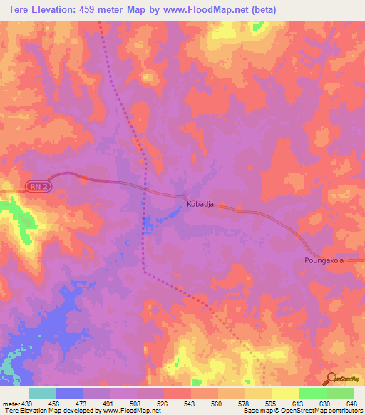 Tere,Central African Republic Elevation Map