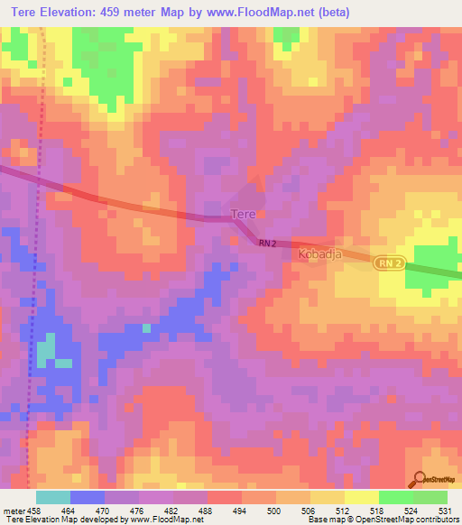Tere,Central African Republic Elevation Map