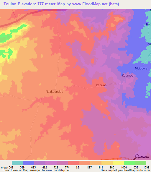 Toulao,Central African Republic Elevation Map