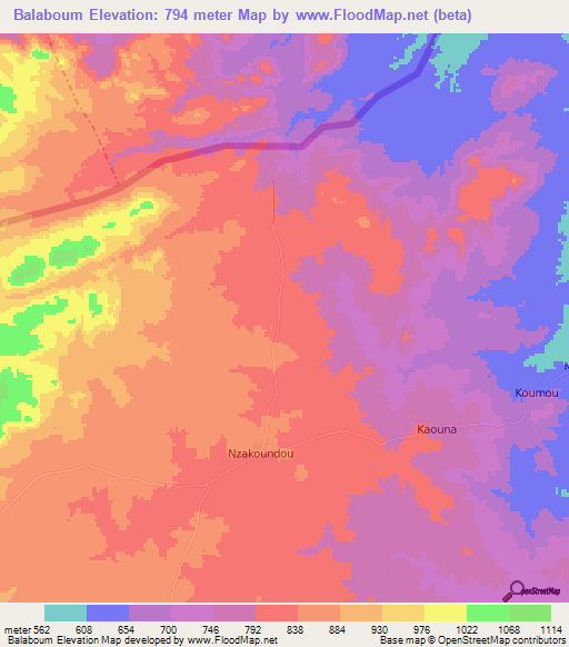 Balaboum,Central African Republic Elevation Map