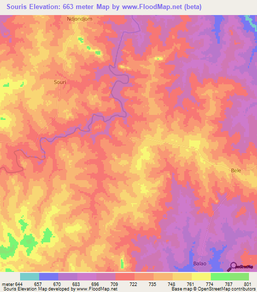 Souris,Central African Republic Elevation Map