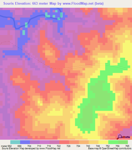 Souris,Central African Republic Elevation Map
