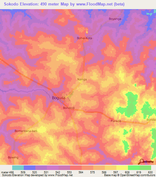 Sokodo,Central African Republic Elevation Map