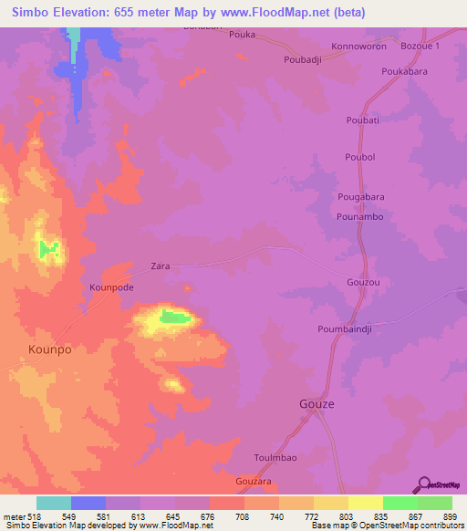 Simbo,Central African Republic Elevation Map