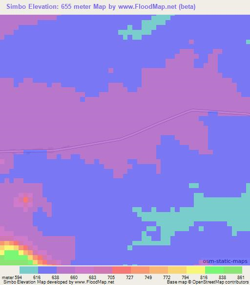 Simbo,Central African Republic Elevation Map