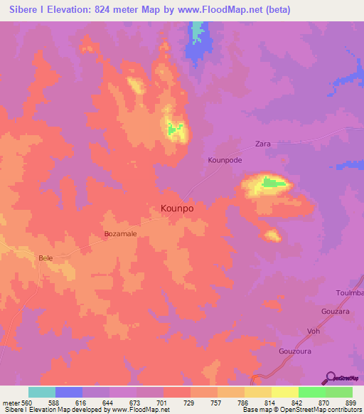 Sibere I,Central African Republic Elevation Map