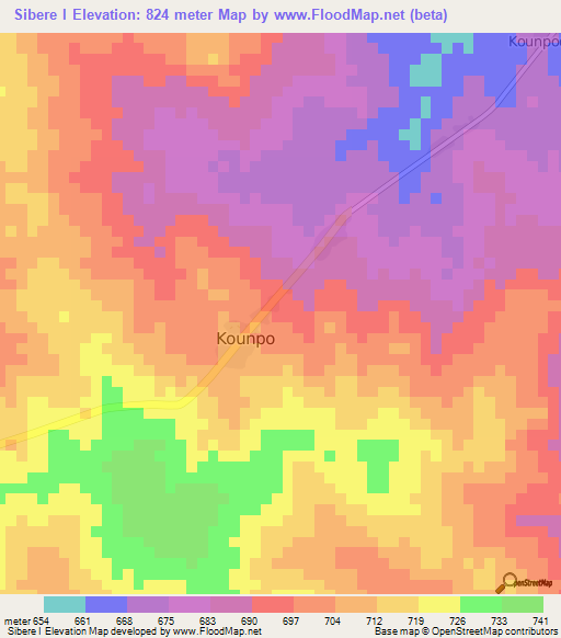 Sibere I,Central African Republic Elevation Map