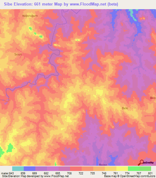 Sibe,Central African Republic Elevation Map