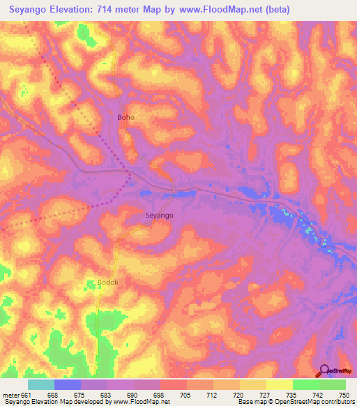 Seyango,Central African Republic Elevation Map