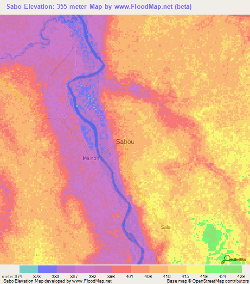 Sabo,Central African Republic Elevation Map