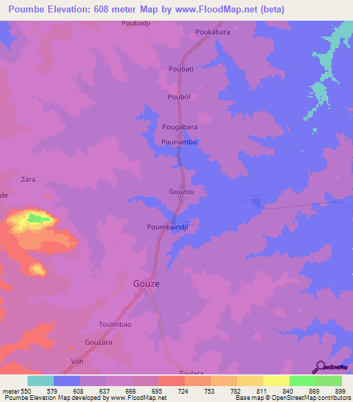 Poumbe,Central African Republic Elevation Map