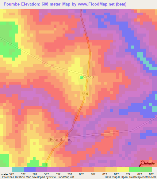 Poumbe,Central African Republic Elevation Map