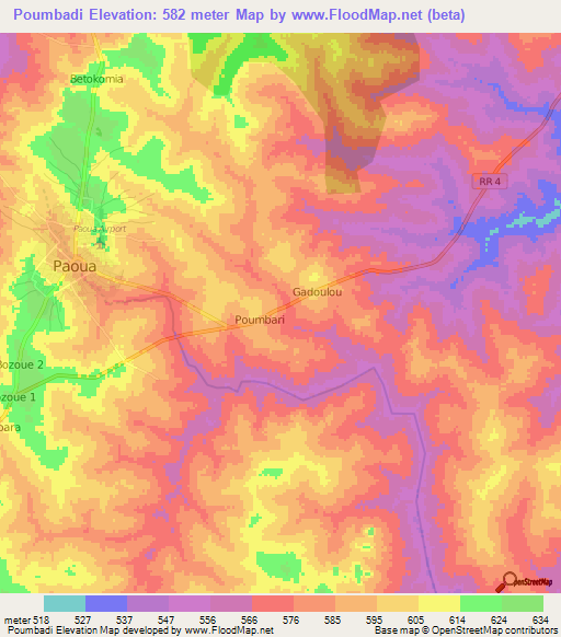 Poumbadi,Central African Republic Elevation Map
