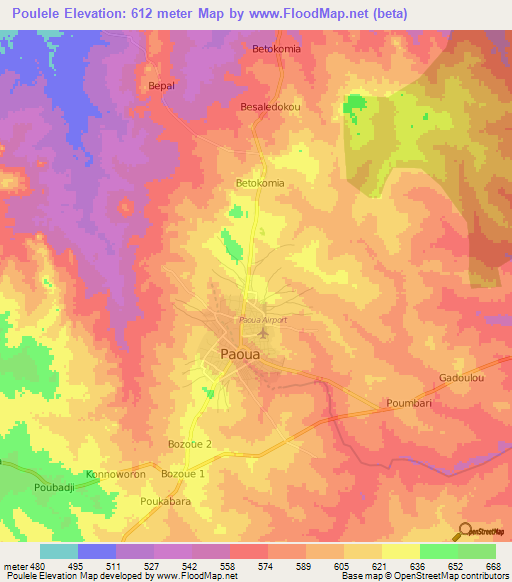 Poulele,Central African Republic Elevation Map