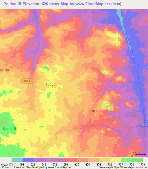 Poulao III,Central African Republic Elevation Map