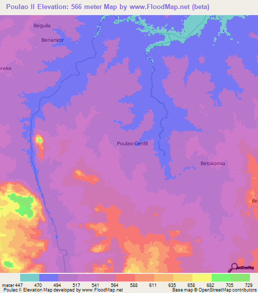 Poulao II,Central African Republic Elevation Map