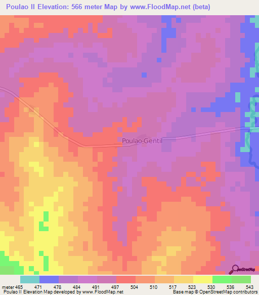Poulao II,Central African Republic Elevation Map