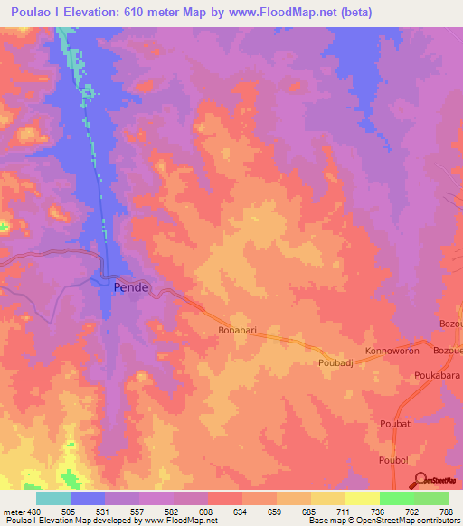 Poulao I,Central African Republic Elevation Map