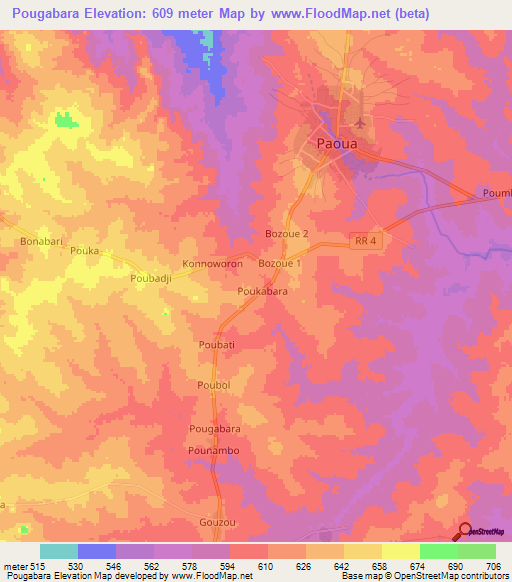 Pougabara,Central African Republic Elevation Map