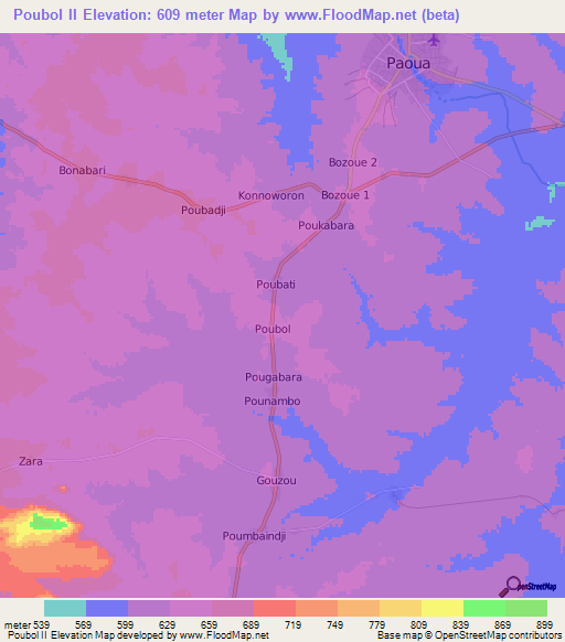 Poubol II,Central African Republic Elevation Map