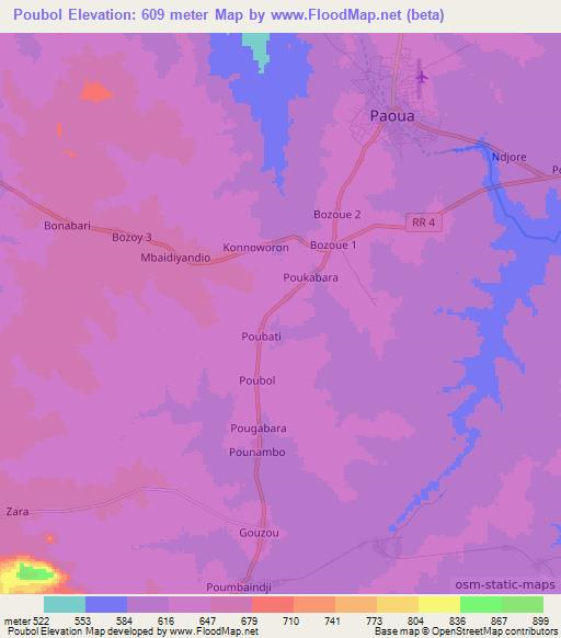 Poubol,Central African Republic Elevation Map
