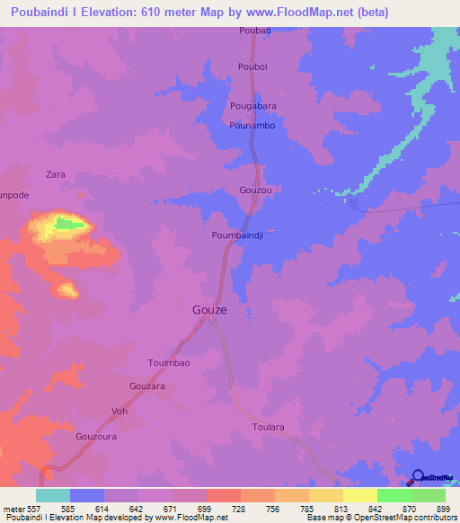 Poubaindi I,Central African Republic Elevation Map