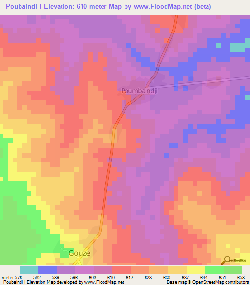 Poubaindi I,Central African Republic Elevation Map