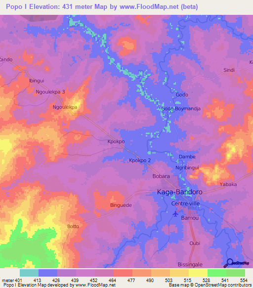 Popo I,Central African Republic Elevation Map