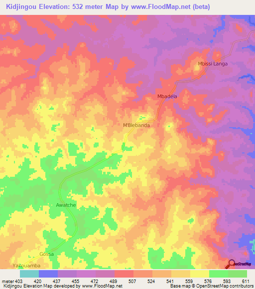 Kidjingou,Central African Republic Elevation Map
