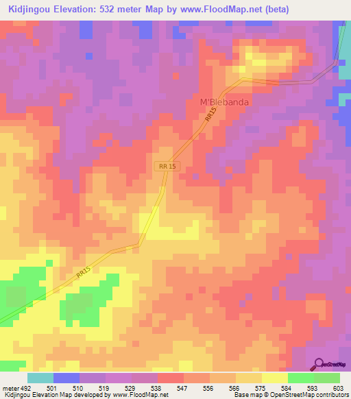 Kidjingou,Central African Republic Elevation Map
