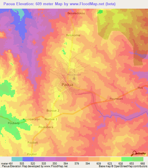 Paoua,Central African Republic Elevation Map