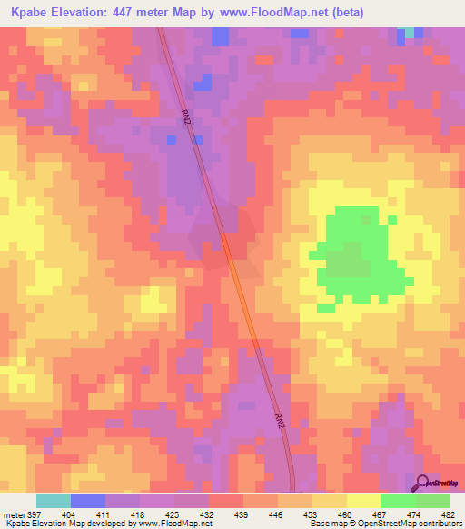 Kpabe,Central African Republic Elevation Map