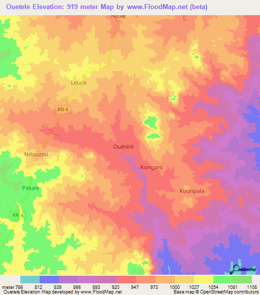 Ouetele,Central African Republic Elevation Map