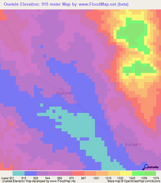 Ouetele,Central African Republic Elevation Map