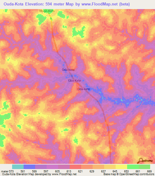 Ouda-Kota,Central African Republic Elevation Map