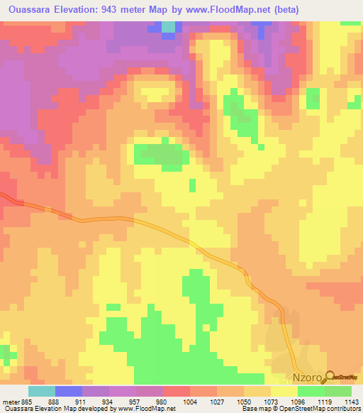Ouassara,Central African Republic Elevation Map