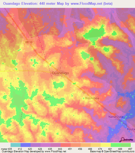 Ouandago,Central African Republic Elevation Map