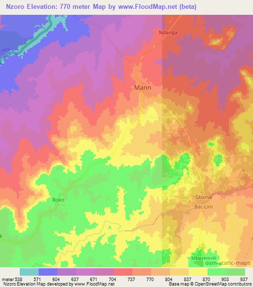 Nzoro,Central African Republic Elevation Map