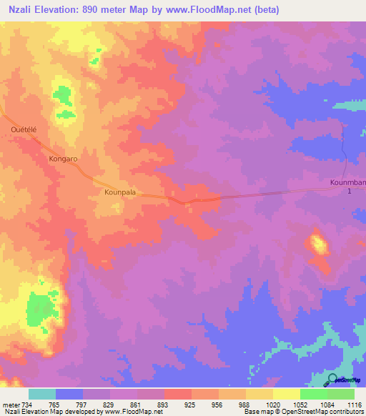 Nzali,Central African Republic Elevation Map