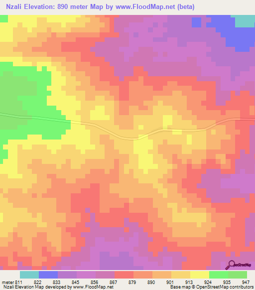 Nzali,Central African Republic Elevation Map