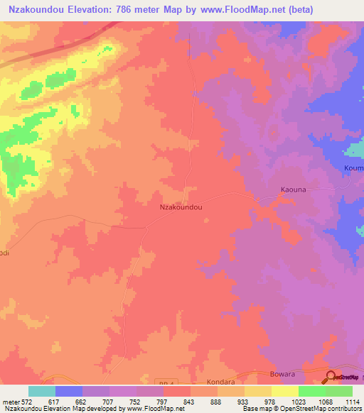 Nzakoundou,Central African Republic Elevation Map