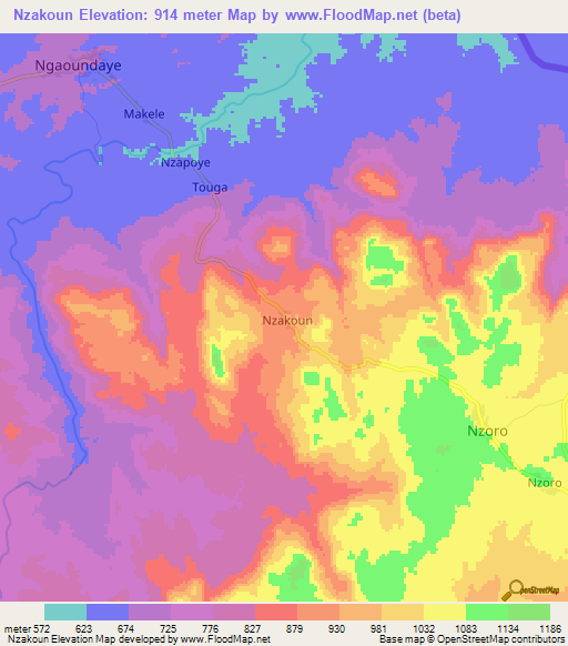 Nzakoun,Central African Republic Elevation Map
