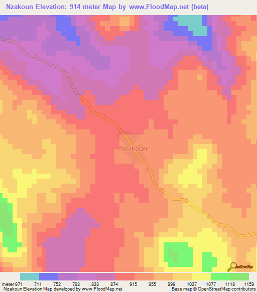 Nzakoun,Central African Republic Elevation Map