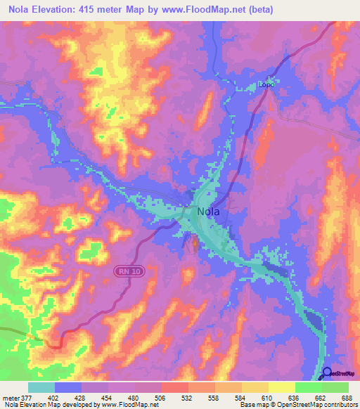Nola,Central African Republic Elevation Map