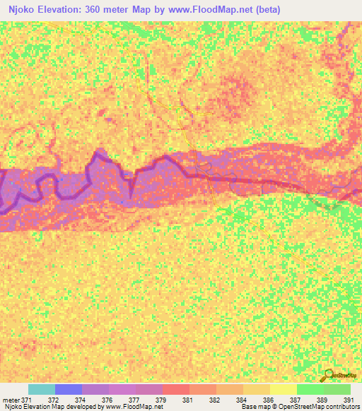 Njoko,Central African Republic Elevation Map