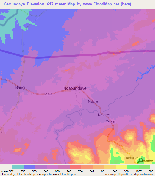 Gaoundaye,Central African Republic Elevation Map