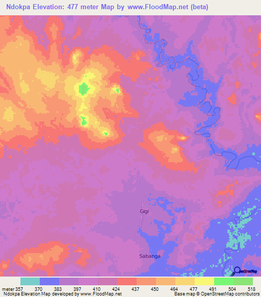 Ndokpa,Central African Republic Elevation Map